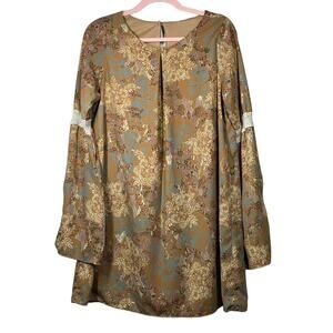 HONEY PUNCH Brown Floral Bell Sleeve Retro Long Sleeve Blouse Medium